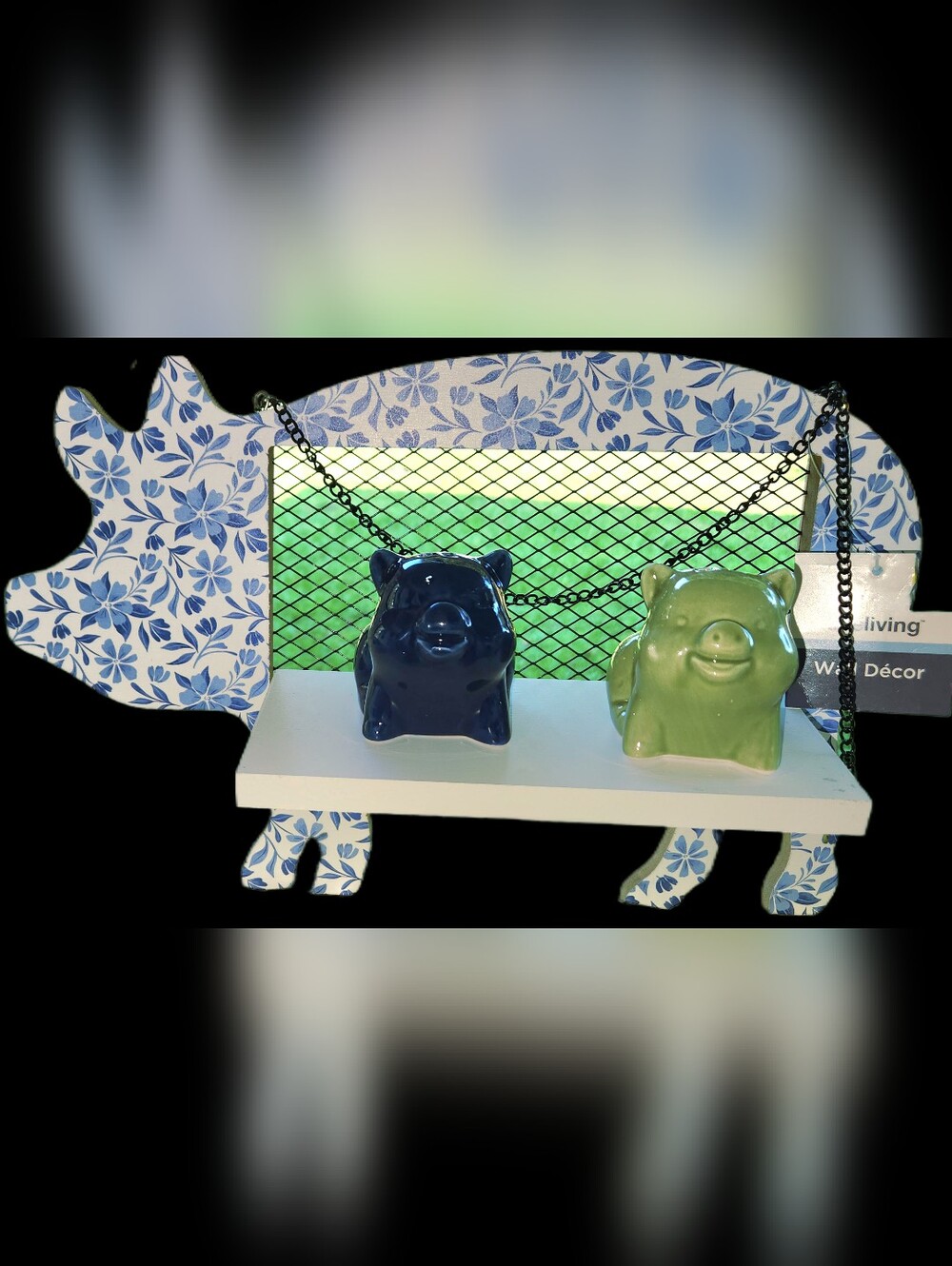 Blue Floral Pig-Shaped hanging shelf with Ceramic Pig Salt & Pepper Shakers